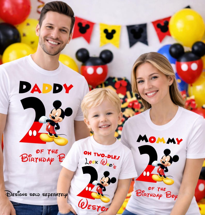 May include: White t-shirts with Mickey Mouse graphics for a family. The shirts say "Daddy", "Mommy", and "Oh Two-dles" with the number "2" and Mickey Mouse. The shirts are for a birthday celebration.