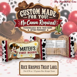 May include: A custom Rice Krispies treat label featuring a cowboy-themed design with a cartoon mouse, the text 'Mateo's First Rodeo', and a nutrition facts panel. The label fits 0.78 oz treats and includes a western-style border with a cactus.