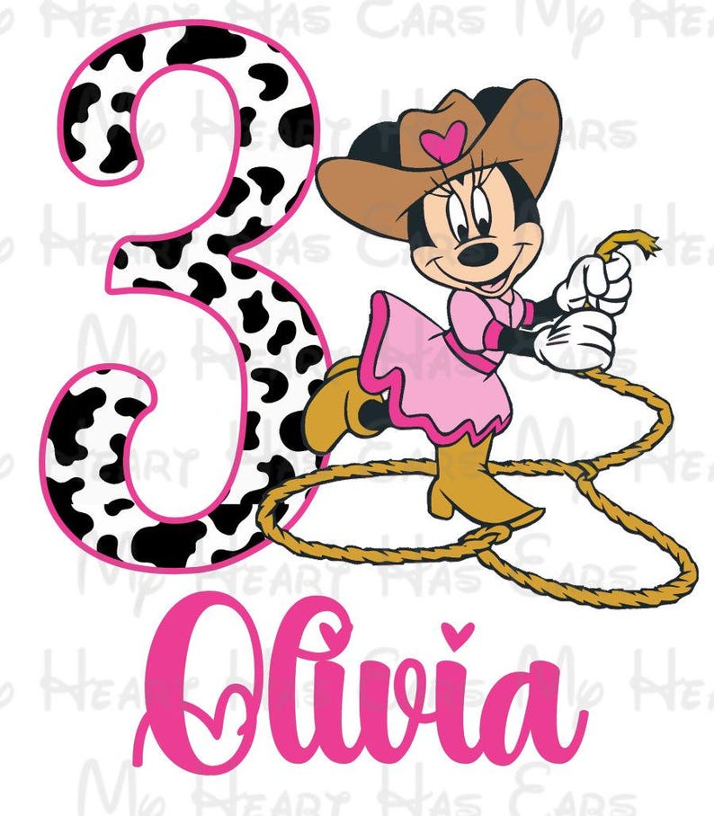 May include: A cartoon illustration featuring Minnie Mouse in a cowgirl outfit, holding a rope. A large number 3 with a cow print design and the name "Olivia" in pink are also present. The background is white.