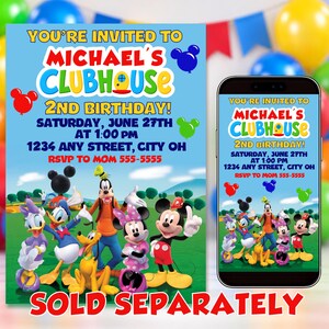 May include: A digital birthday invitation template featuring a light blue background with the text "YOU'RE INVITED TO MICHAEL'S CLUBHOUSE 2ND BIRTHDAY!" and cartoon characters including Mickey, Minnie, Donald, Daisy, Goofy, and Pluto in a green field.