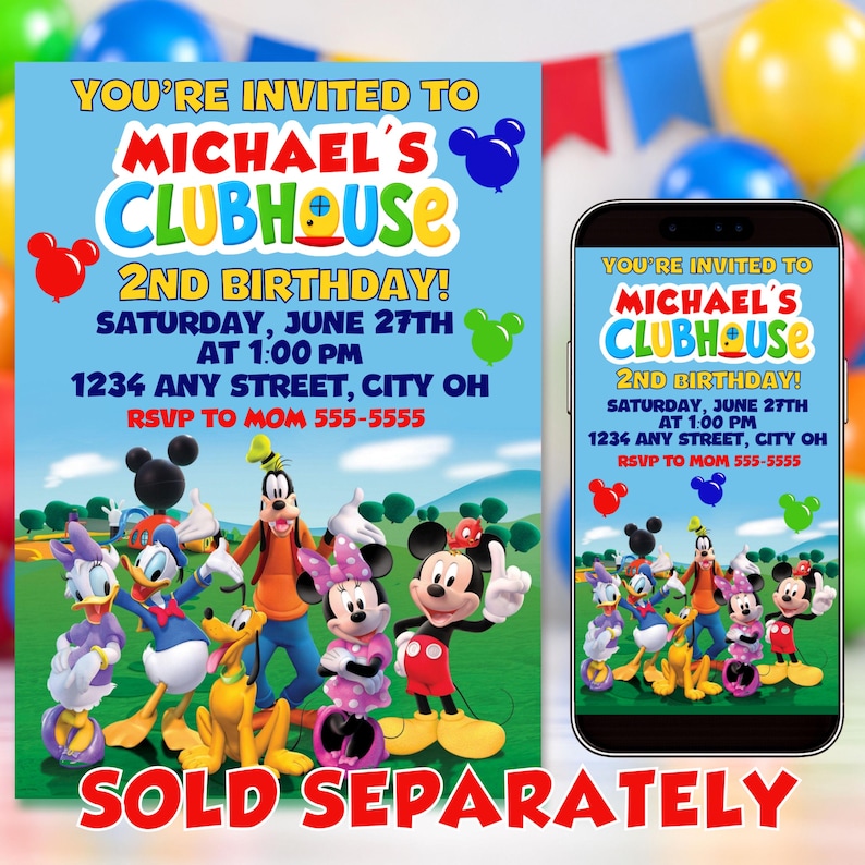 May include: A digital birthday invitation template featuring a light blue background with the text "YOU'RE INVITED TO MICHAEL'S CLUBHOUSE 2ND BIRTHDAY!" and cartoon characters including Mickey, Minnie, Donald, Daisy, Goofy, and Pluto in a green field.
