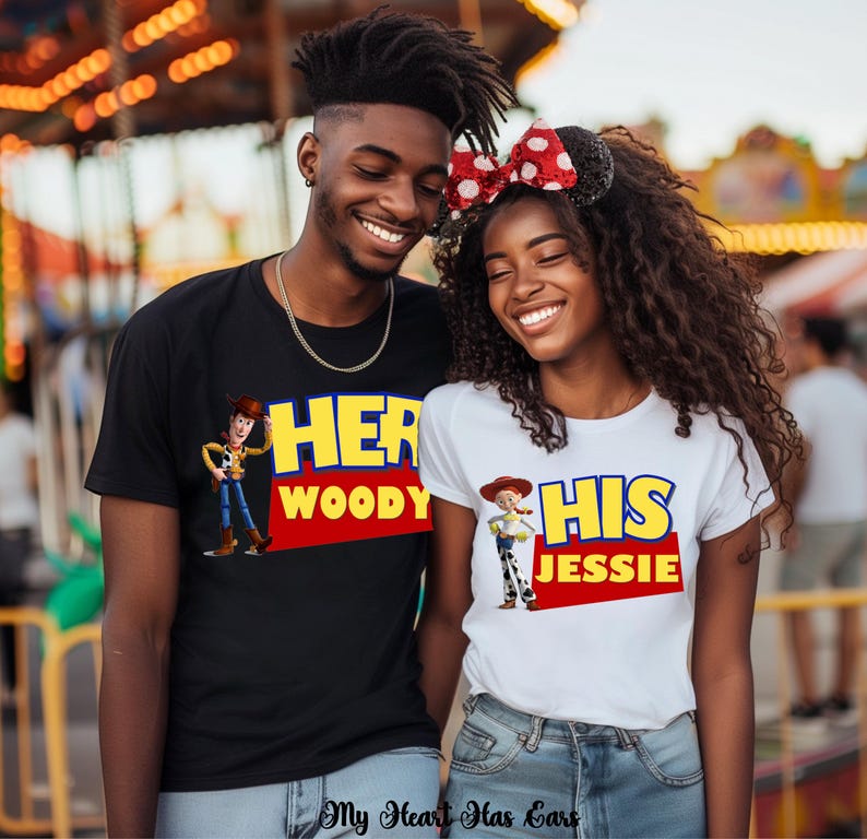 May include: A black t-shirt featuring Woody and the text HER WOODY, and a white t-shirt featuring Jessie and the text HIS JESSIE. Both shirts display the characters alongside bold yellow and red lettering inspired by the Toy Story logo design.