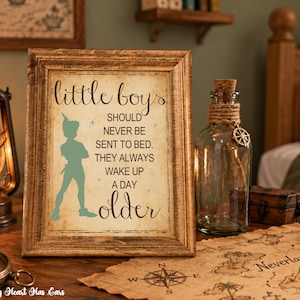 Arte de parede para quarto de bebê com tema Peter Pan, estampa "Nunca vá para a cama", decoração para quarto de menino, design para camiseta, download digital