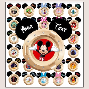 Puede incluir: Un panel rectangular blanco que presenta un icono central grande de Mickey Mouse dentro de un marco de ojo de buey dorado, rodeado de marcos circulares más pequeños con varios personajes de dibujos animados y el texto "YOUR TEXT" en blanco.