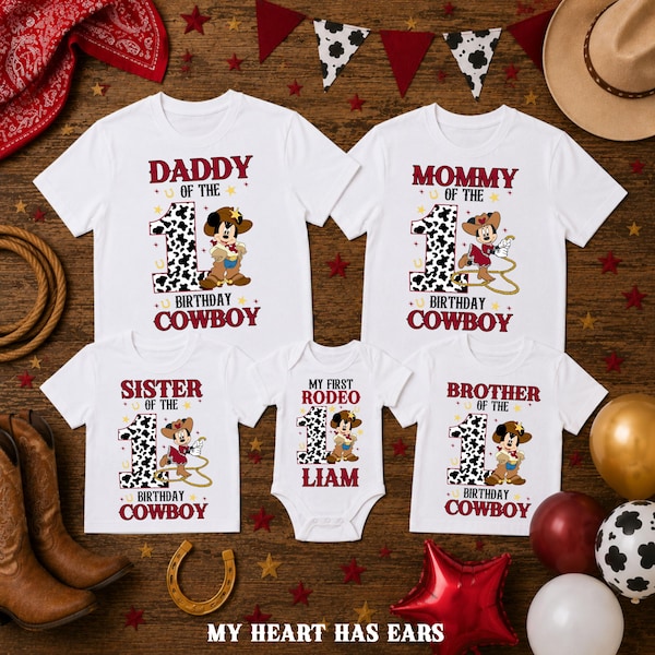 Conjunto PNG de lujo de Mickey Mouse vaquero: Mi primer rodeo para cumpleaños familiar • Paquete personalizado de diseños de camisetas digitales del oeste para mamá, papá, hermano y hermana