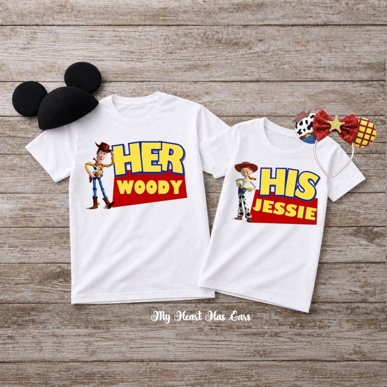 May include: Two white t-shirts featuring Toy Story character graphics. One shirt displays Woody with the text HER WOODY, and the other displays Jessie with the text HIS JESSIE. A pair of black mouse ears and a red sequined bow headband are included.