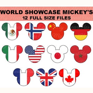 May include: A collection of Mickey Mouse head shapes, each featuring a different country's flag design. The flags include Mexico, Norway, China, Germany, Italy, the United States, Japan, Morocco, France, the United Kingdom, and Canada. Text at the top reads "WORLD SHOWCASE MICKEY'S 12 FULL SIZE FILES."