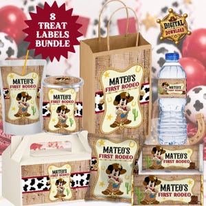 May include: A digital download bundle of party supplies featuring a cowboy-themed Mickey Mouse graphic and the text Mateo's First Rodeo. The set includes labels for treat bags, water bottles, candy bars, and a gift bag with a wood grain pattern.