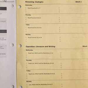 May include: A yellow educational worksheet titled Reasoning: Analogies Week 1 and Exposition: Literature and Writing Week 1. The page lists daily reading assignments for Proverbs and The Lion, the Witch and the Wardrobe with checkboxes.