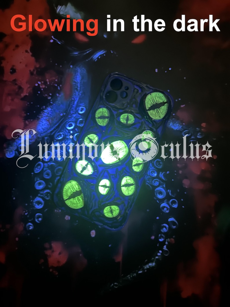 May include: A glowing phone case with a design of multiple green glowing eyes. The case is black with blue and red accents, and the text "Glowing in the dark" and "Luminfor Oculus" are visible.