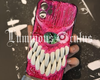 Horror Glowing Eyeball Phone Case with Devil Horns, Resin Eye Art, Custom Phone Model