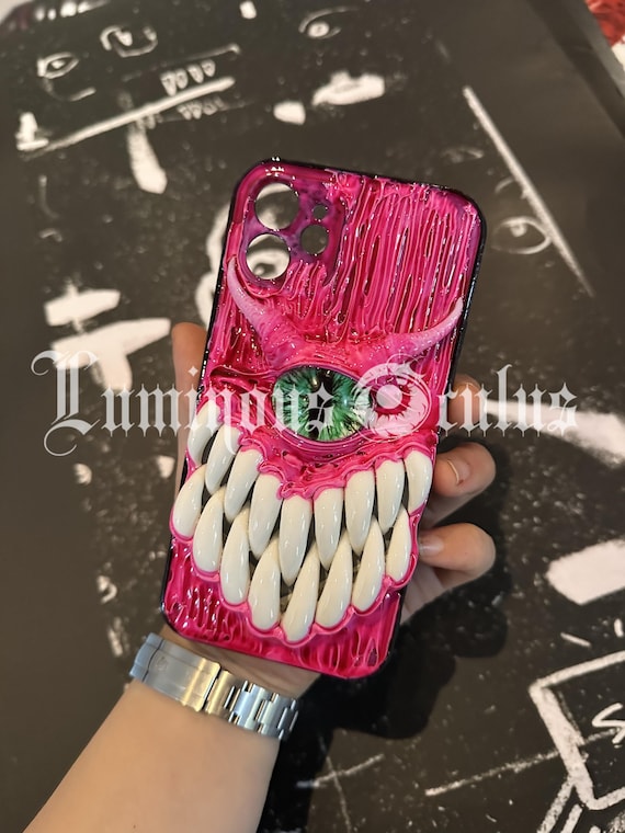 Horror Glowing Eyeball Phone Case with Devil Horns, Resin Eye Art, Custom Phone Model