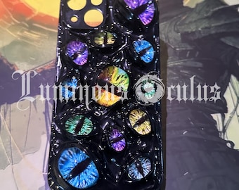Horror Rainbow Cat Eyeballs Phone Case, Glowing Eye Art, Custom Phone Model