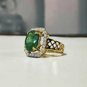 Emerald & Diamond Halo Ring • Vintage Style Statement Ring • Solid 10K / 14K Gold or Silver • Anniversary Gift • Customizable