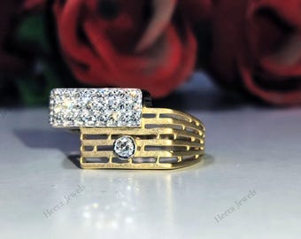Men’s Geometric Lab Diamond Ring • Grid Pattern with Round Accents • Solid 14K/10K Gold • Modern Bold Statement Band
