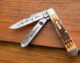 Custom Handwriting Engraved Case XX Trapper or Mini Trapper Pocket Knife, Amber Bone Handle
