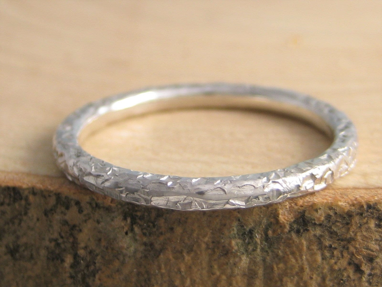 Handmade 2mm Solid Sterling Silver Bark Hammered Texture Ring
