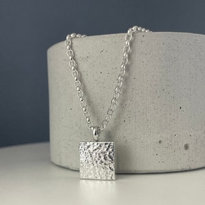 Small Chunky Silver Square Pendant Necklace • Solid Sterling Silver • Hammered/Sparkly • 17-26” • Handmade • Full UK Hallmarks/London Assay