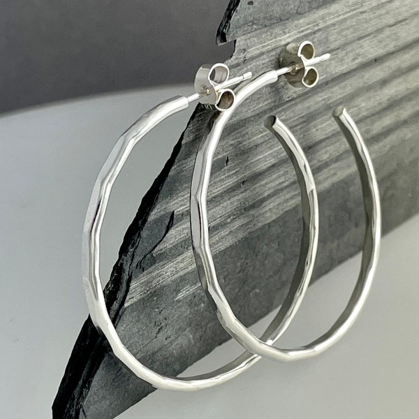 Silver Hoop Earrings • 2mm Solid 925 Sterling Silver • Sizes 25mm/30mm/35mm • Hammered/Faceted Textured • Classic/Minimalist • Handmade UK