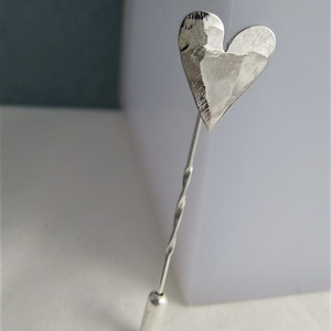 Silver Stick Pin • Hammered Heart Tie & Lapel Stick Pin-Brooch • Solid 925 Sterling Silver • Hammered • Wedding/Special Day • Handmade UK