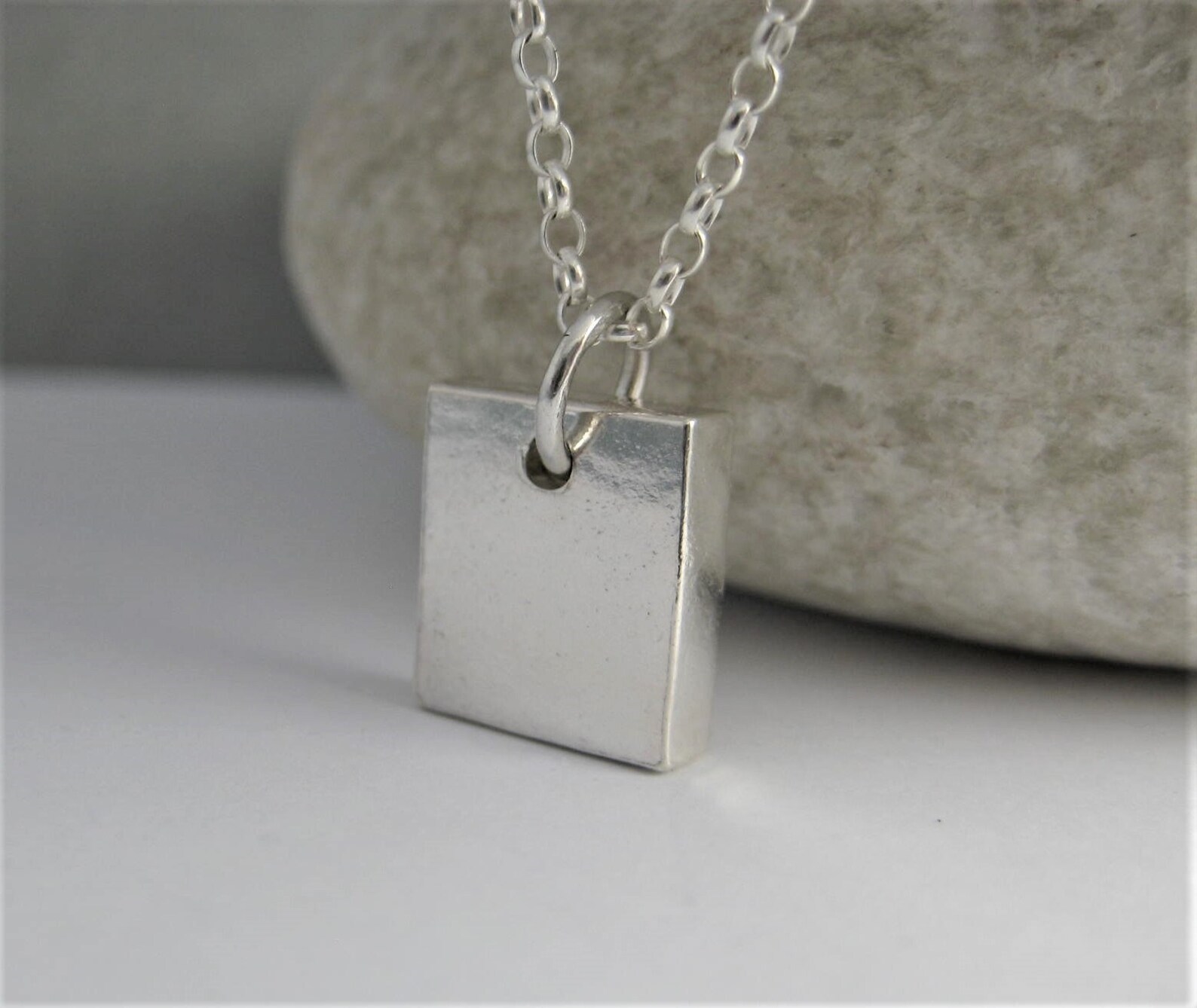 Chunky Solid Silver Rectangular Pendant Necklace Sterling Etsy UK
