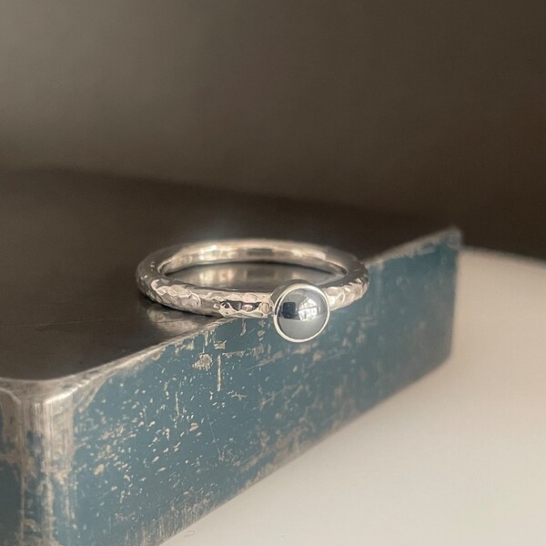 Silver Hematite Gemstone Ring • Solid 2.5mm 925 Sterling Silver Ring • Hammered-Sparkly • Sizes H-Z (+ Half Sizes)  • Handmade UK