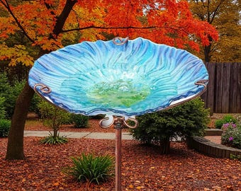 Thermal Fused Glass Bird Bath – Ground Insert Shepherd’s Hook Feeder for Garden, Patio & Outdoor Decoration