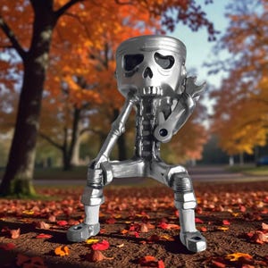 以下が含まれることがあります： エンジン部品で作られた、レンチを持った骸骨の銀色の金属彫刻。 彫刻は、落ち葉の上に座った姿勢でポーズをとっています。 背景には木々のある公園があります。