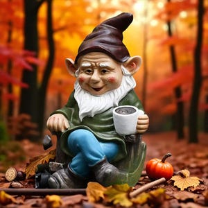 Könnte beinhalten: Gartenzwerg-Figur, sitzend auf einem Baumstumpf, hält eine weiße Tasse. Der Zwerg trägt einen braunen Hut, eine grüne Jacke, blaue Hose und schwarze Stiefel. Ein kleiner oranger Kürbis und Herbstlaub befinden sich im Vordergrund.