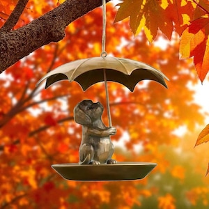 Dog Bird Feeder with Umbrella: Resin Garden Bird Bath Decoration