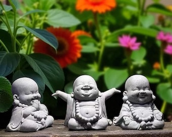 Estatua de monje sonriente de arenisca: figura de Buda del jardín zen