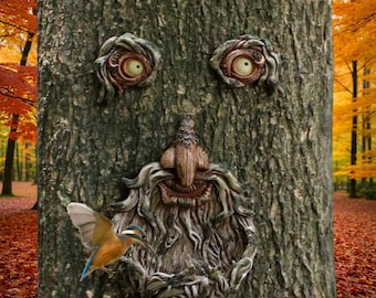 気まぐれな木の顔、屋外ガーデンオーナメント。木の男の壁面彫刻。妖精
