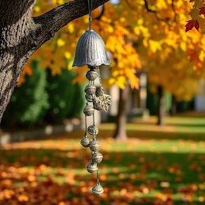 May include: A decorative wind chime with a bell-shaped top and dangling ornaments. The wind chime is made of metal and has a silver finish. The ornaments include small bells and a leaf-shaped charm. The wind chime is hanging from a tree branch.