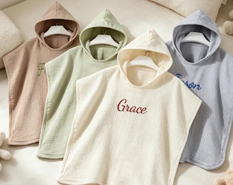 Poncho brodé personnalisé pour serviette à capuche pour enfants, serviette de bain de plage personnalisée avec nom, cadeau de couverture de piscine en coton
