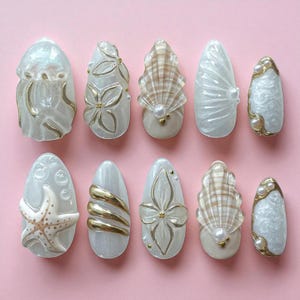 Ocean Theme Press On Nails, White Pearl Seashell Starfish Nail Art, 3D Beach Summer Nails, Mermaid Nails, Luxury Fake Nails, Gift For Her