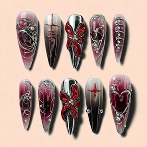 Gothic Heart Press On Nails, Red Bow 3D Nail Art, Dark Romance Vampire Fake Nails, Ombre Pink Black Stiletto Nails, Alternative Set