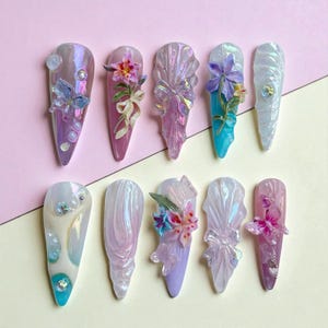 Fantasy 3D Press On Nails, Iridescent Butterfly Flower Nails, Pearl Aurora Nail Art, Fairycore Pastel,Long Coffin False Nails, Gift For Her