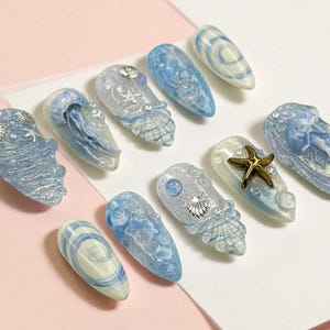 Ocean Jellyfish Nails, Blue Press On Nails, 3D Starfish Nail Art, Beach Summer Nails, Seashell Mermaid Nails, Handmade Nail Tips