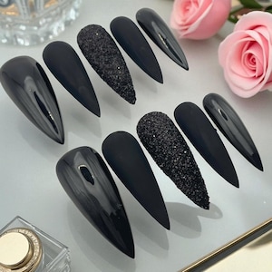 Black Press On Nails Set, Matte Glossy Glitter Almond Nails, Long Stiletto Fake Nails, Gothic Reusable Nail Tips, Gift For Her