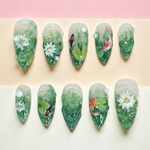 Koi Pond Press On Nails, 3D Lily Flower Nail Art, Handmade Green Gel Nails, Japanese Nature Nail Set, Water Garden Nails, Gift For Her