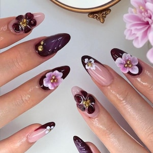 Handmade 3D Press On Nails Set, Burgundy Floral Nail Art, Long Almond Fake Nails, Elegant Reusable Nail Tips Gift Box, Gift For Her