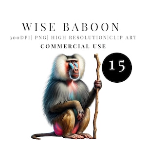 May include: Digital illustration of a baboon with a colorful face and fur, holding a wooden staff. The image includes the text "WISE BABOON" and "COMMERCIAL USE". A black circle with the number "15" is also present.