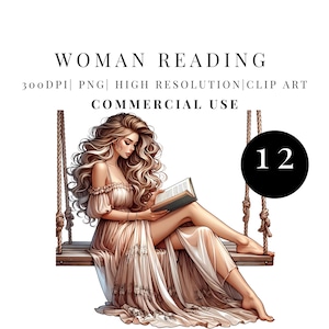 Puede incluir: Ilustración de una mujer con largo cabello castaño ondulado leyendo un libro en un columpio de madera. Lleva un vestido beige fluido. La imagen incluye el texto "WOMAN READING" y "COMMERCIAL USE". También hay un círculo negro con el número "12".
