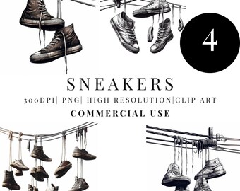 Hanging Sneakers Clipart | High Resolution PNG Shoe Illustration | Streetwear Graphic Art | Commercial Use Digital Download