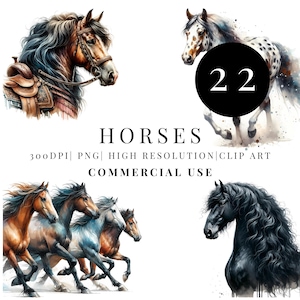 May include: Watercolor illustrations of horses in various poses and colors. The image includes a horse head with a saddle, a running horse with a black circle with the number 22, and a group of running horses. The word "HORSES" is displayed.
