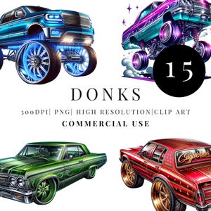 Könnte beinhalten: Digitale Illustration mit vier individuell gestalteten Autos mit großen Rädern. Die Autos sind in Blau-, Lila-, Grün- und Rottönen gehalten. Das Wort "DONKS" wird in großen, fetten Buchstaben angezeigt. Zusätzlicher Text lautet "300DPI | PNG | HOHE AUFLÖSUNG | CLIP ART | KOMMERZIELLE NUTZUNG."