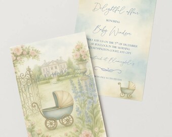 Vintage Estate Garden Baby Boy Shower Invitation | Blue Carriage Floral Theme | Editable Canva Template