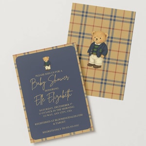 Ralph Lauren Inspired Baby Shower Invite | Polo Bear Boy Invitation | Blue Plaid Printable | Instant Canva Template
