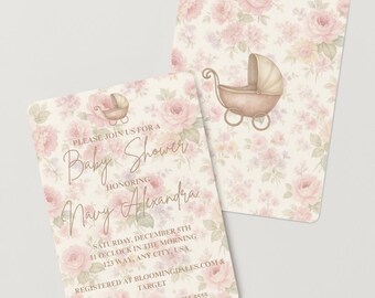 Vintage Floral Baby Shower Invitation: Watercolor Stroller, Editable Canva Template (Digital Download)
