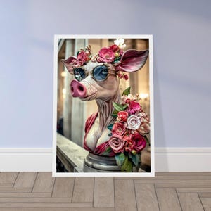 Art, Funky Pig Bust with Floral Crown and Sunglasses, Wooden Framed Wall Decor, Ready-to-Hang Poster, Classic and Modern Style